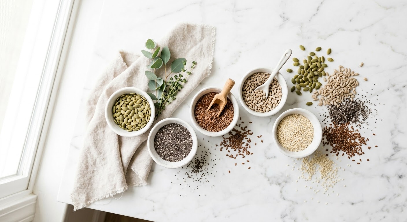 A variety of seeds in small bowls and jars for easy everyday nutrition