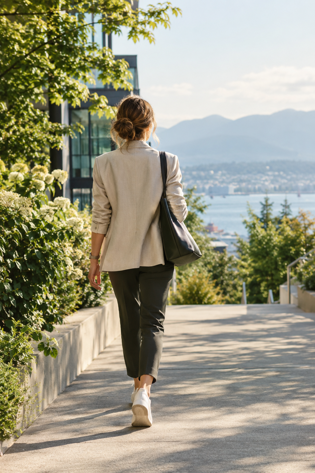 Woman in a cream blazer walking down a sunny path overlooking a harbour and mountains