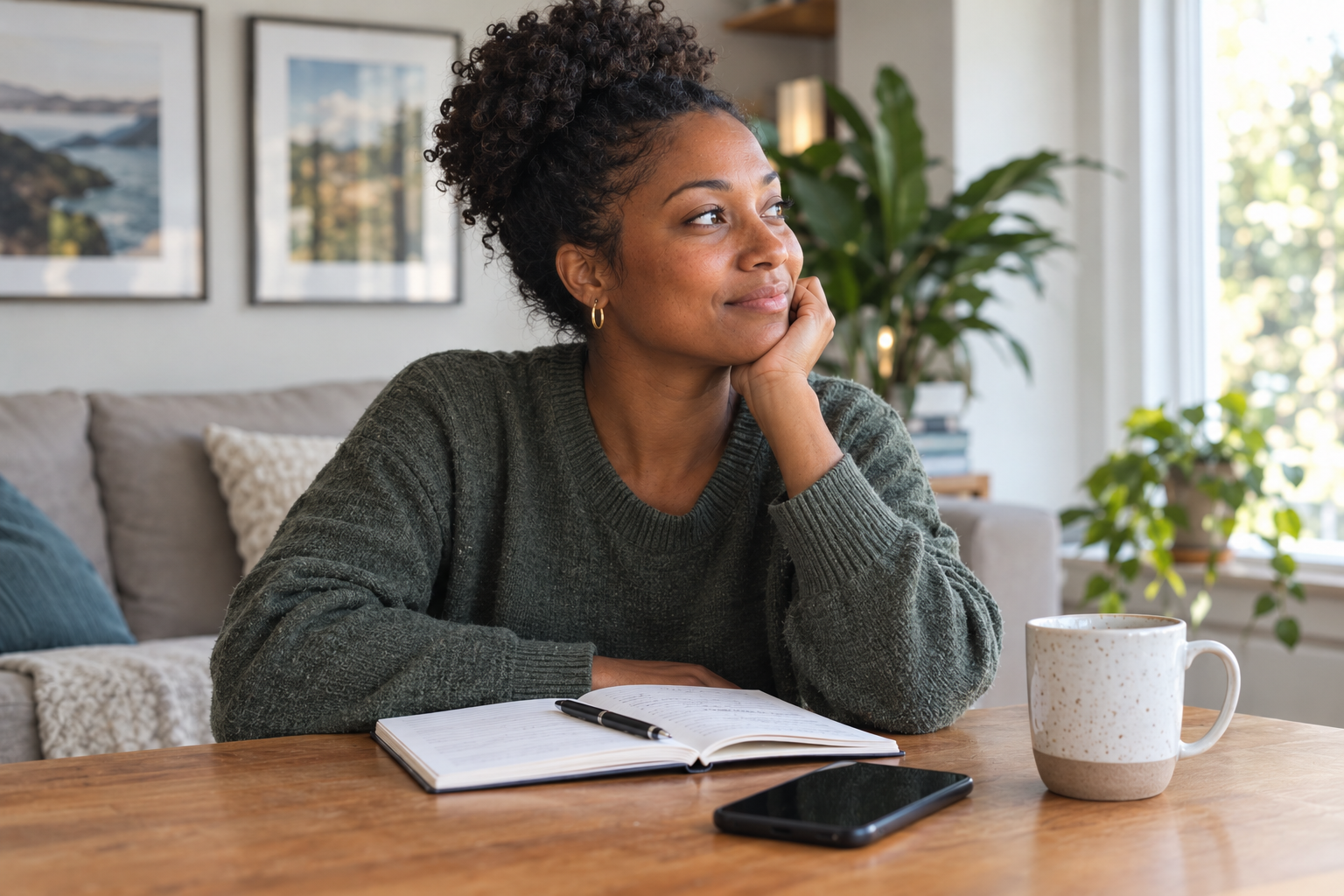 Woman smiling thoughtfully at her kitchen table with an open journal, phone and coffee mug