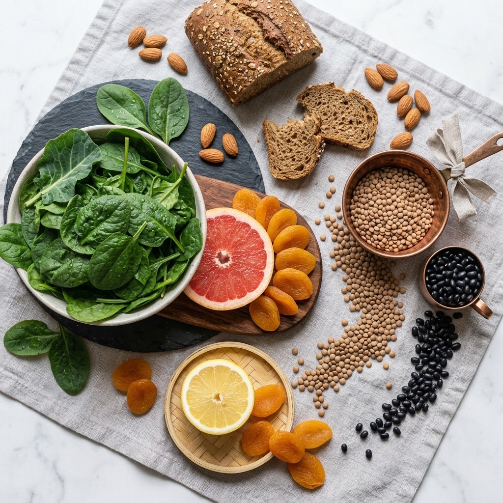 Iron-rich foods on a marble surface: spinach, lentils, black beans, almonds, dried apricots, wholegrain bread, and citrus