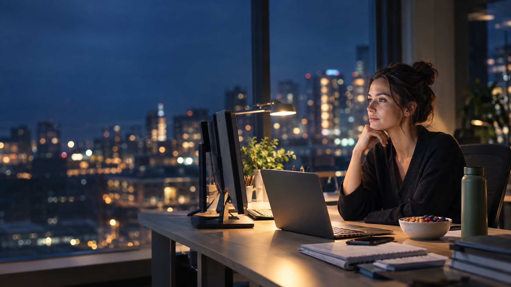 Woman working late at her office desk at night, with a bowl of berries and nuts beside her laptop and a city skyline outside the window