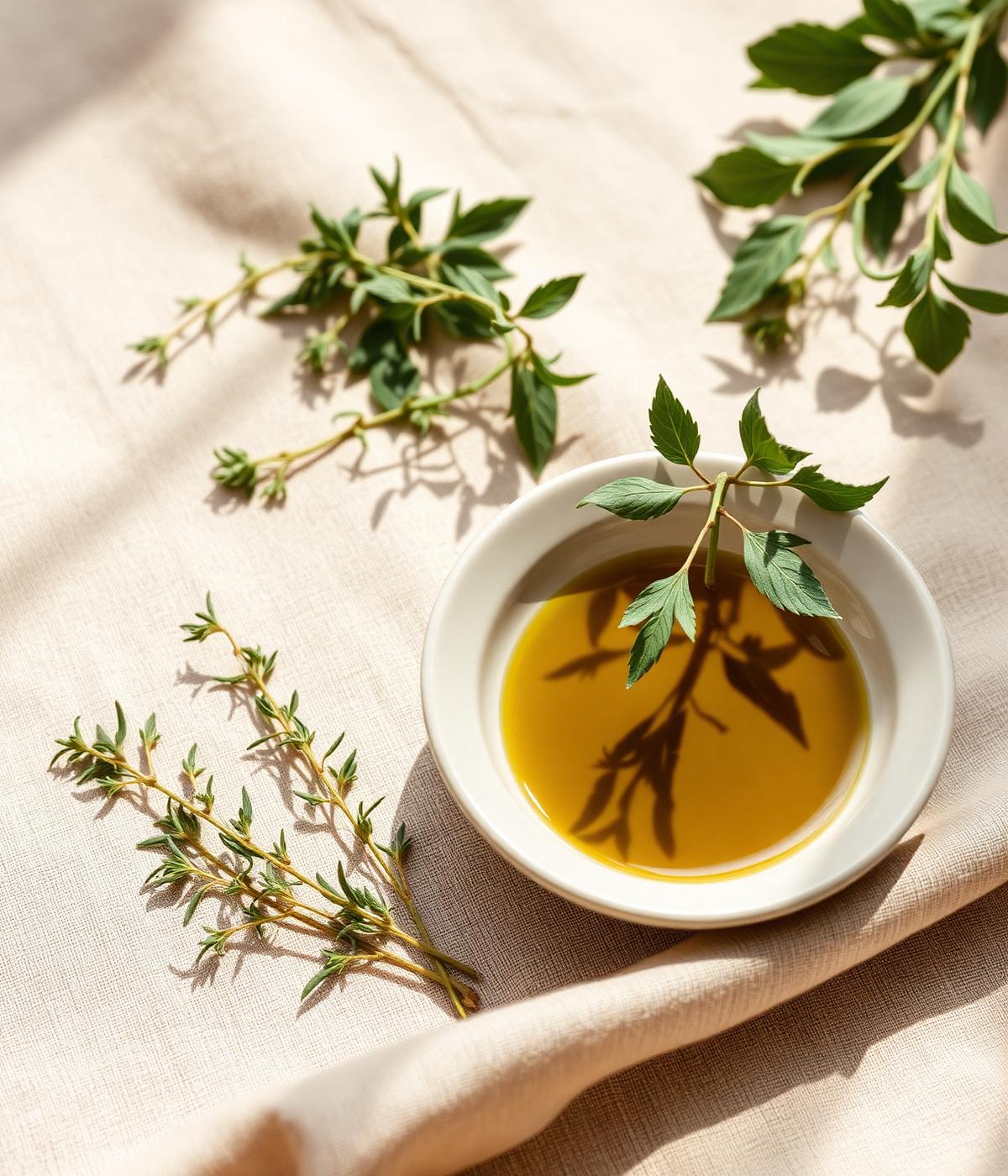 Fresh herbs and olive oil on warm linen
